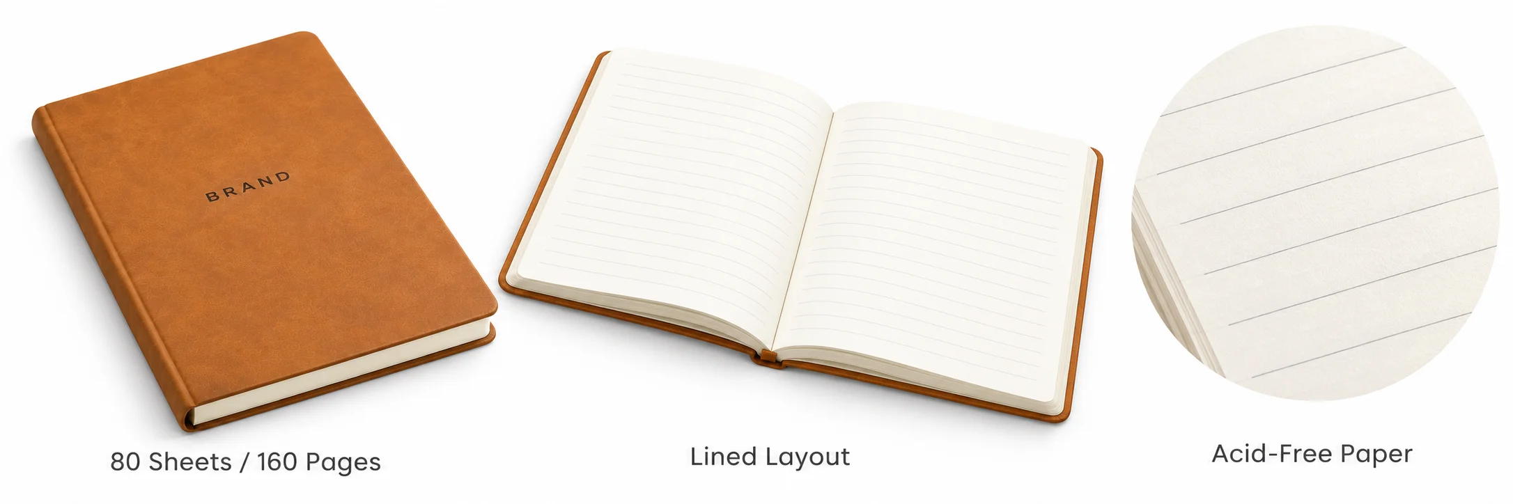 Open tan journal and lined paper detail with 80 sheets, 160 pages and acid-free paper labels