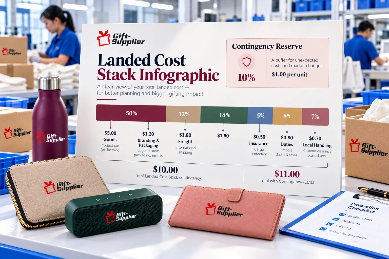 Stacked bar showing landed cost layers with a separate contingency reserve block on top.
