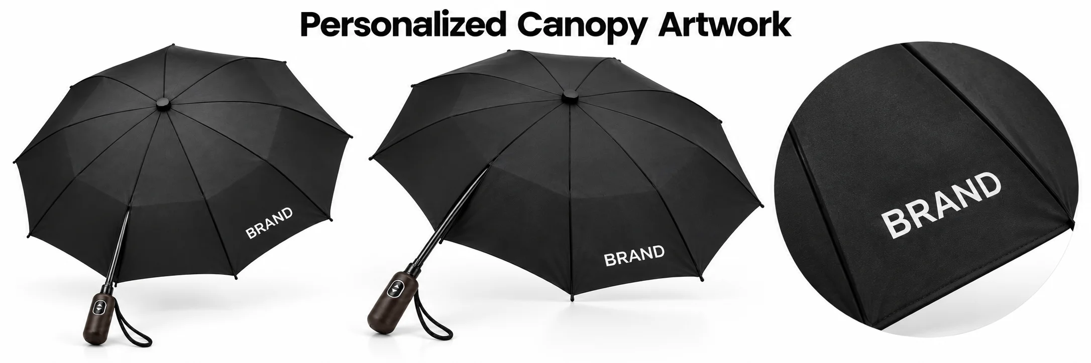 Black golf umbrellas showing personalized canopy lettering and a close-up of panel artwork placement