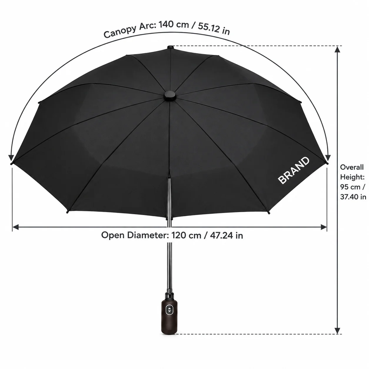 Black golf umbrella with measurements for its 120 cm diameter, 140 cm canopy arc and 95 cm height