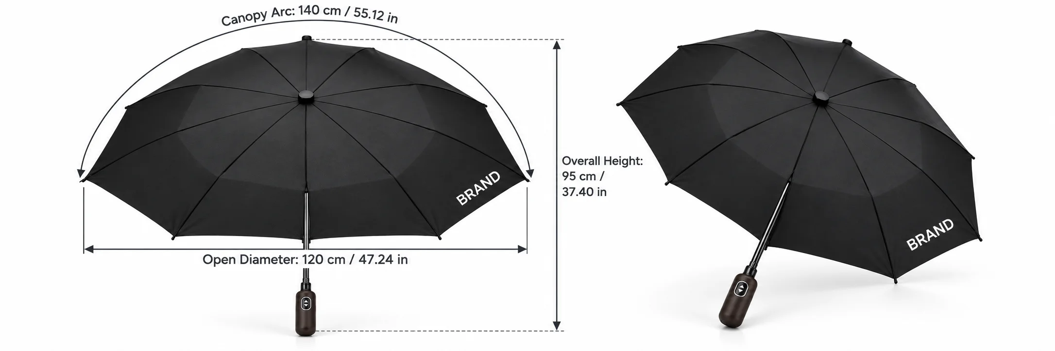 Black golf umbrella with labels for open diameter, canopy arc and overall height