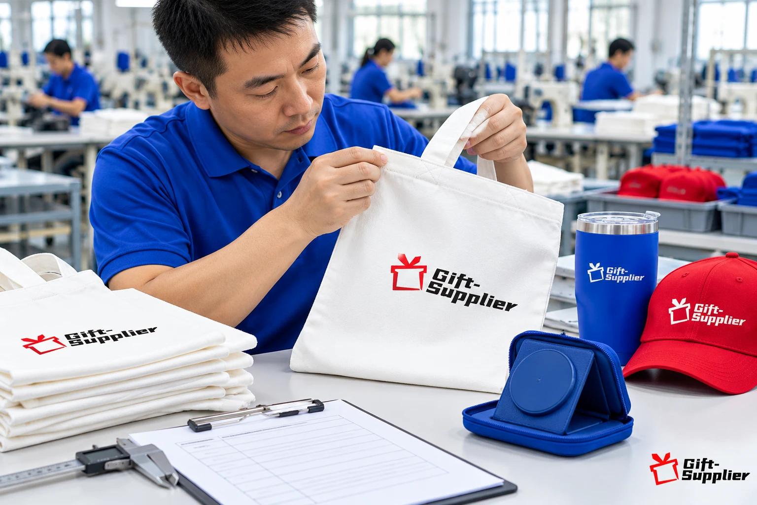 Quality control inspector examining a printed canvas tote bag from a low MOQ trial order at a factory workbench.