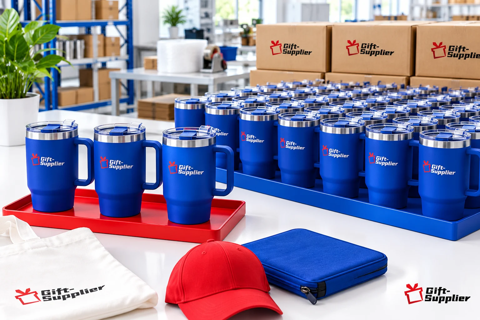 Small tray with three custom blue tumblers representing a low MOQ order next to a large tray of bulk produced tumblers.