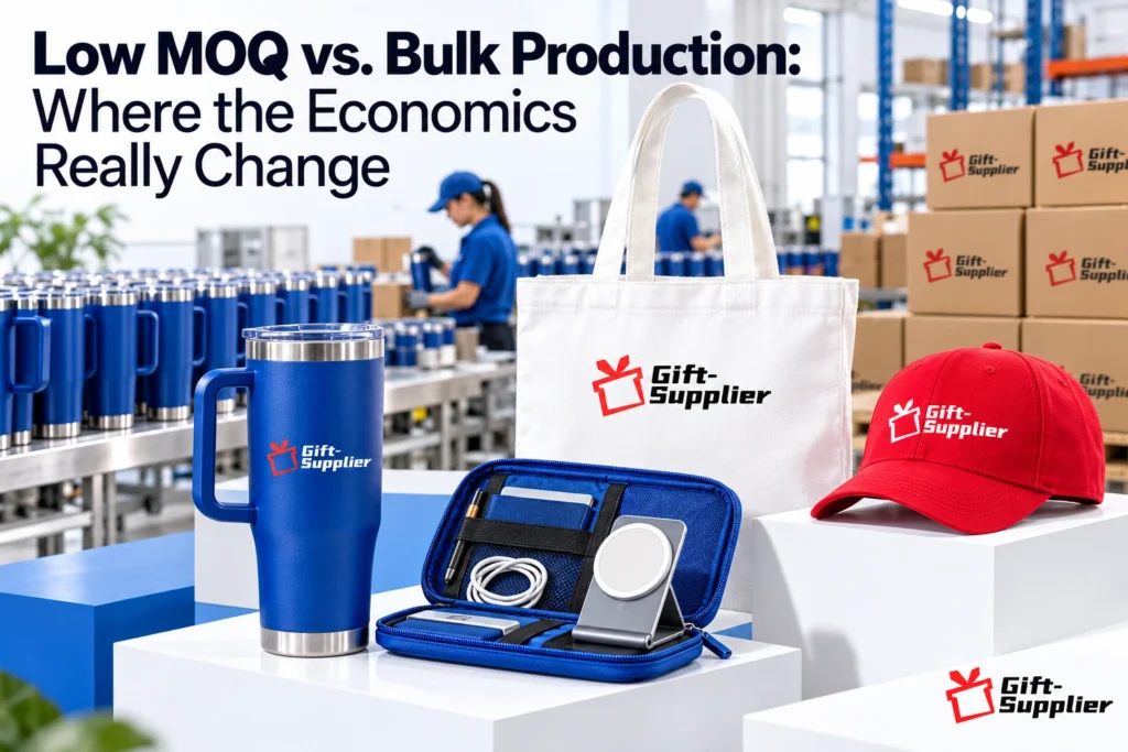 Custom corporate swag displayed on display pedestals under blog title text reading Low MOQ vs Bulk Production.