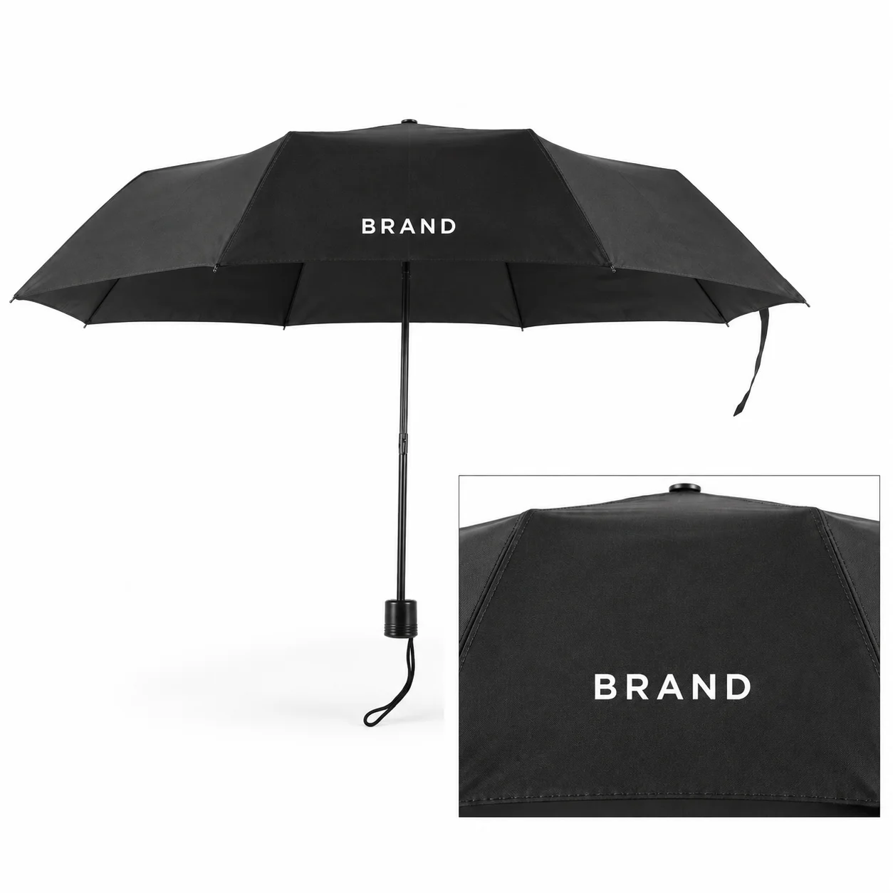 Folding umbrella showing personalized canopy lettering with an artwork-placement close-up
