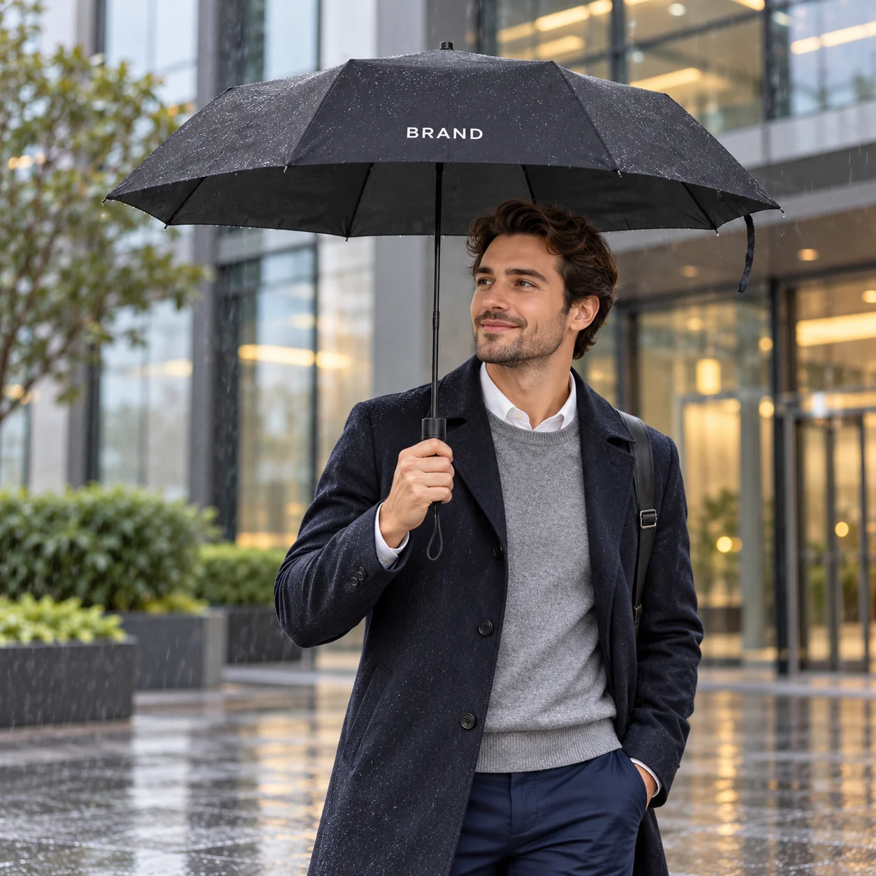 Adult holding a personalized folding umbrella outside an office in light rain