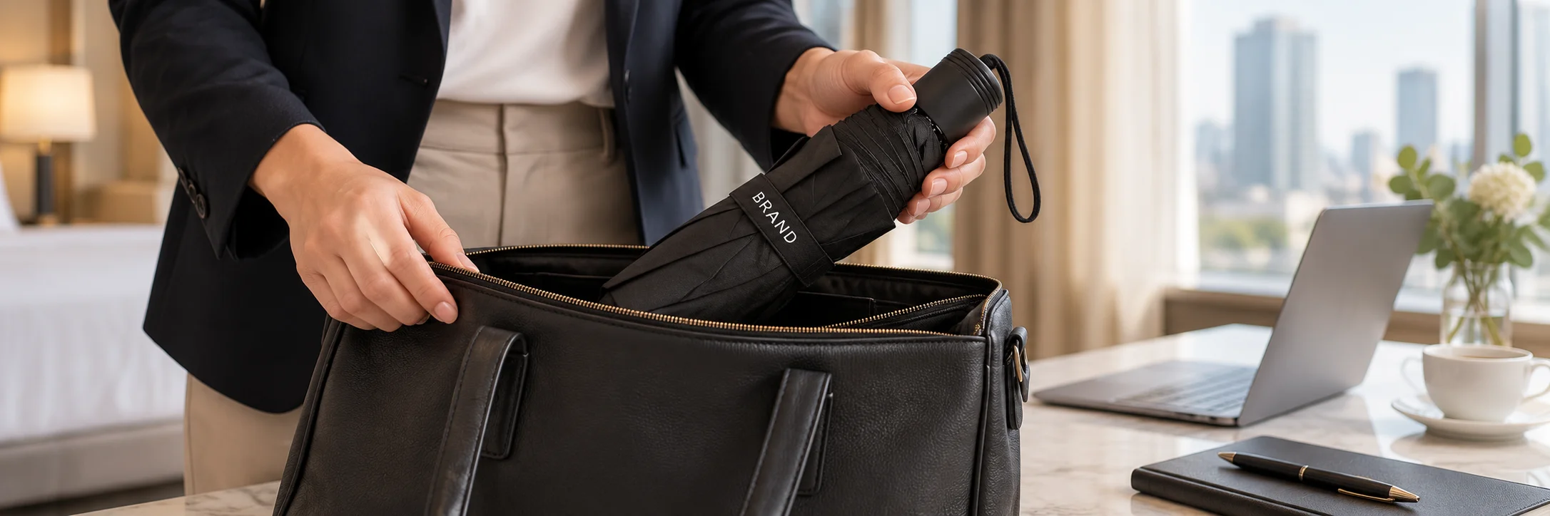 Person placing a folded personalized umbrella into an open work bag on a hotel desk