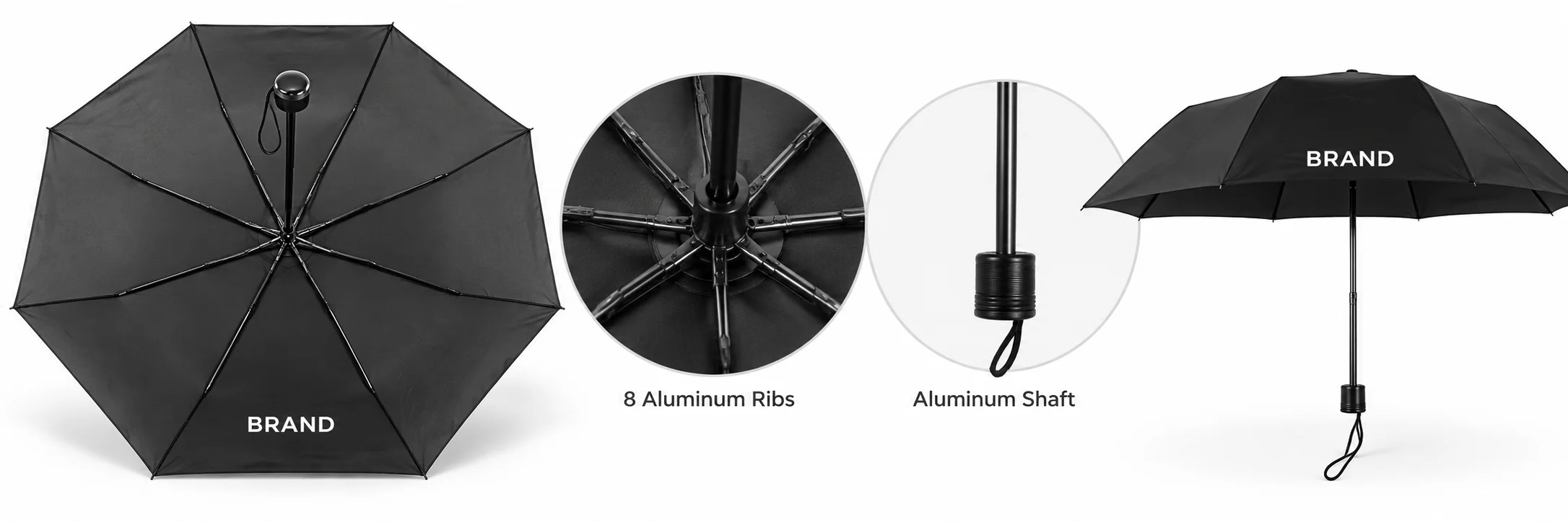 Umbrella underside beside close-ups of its aluminum shaft and eight-rib frame