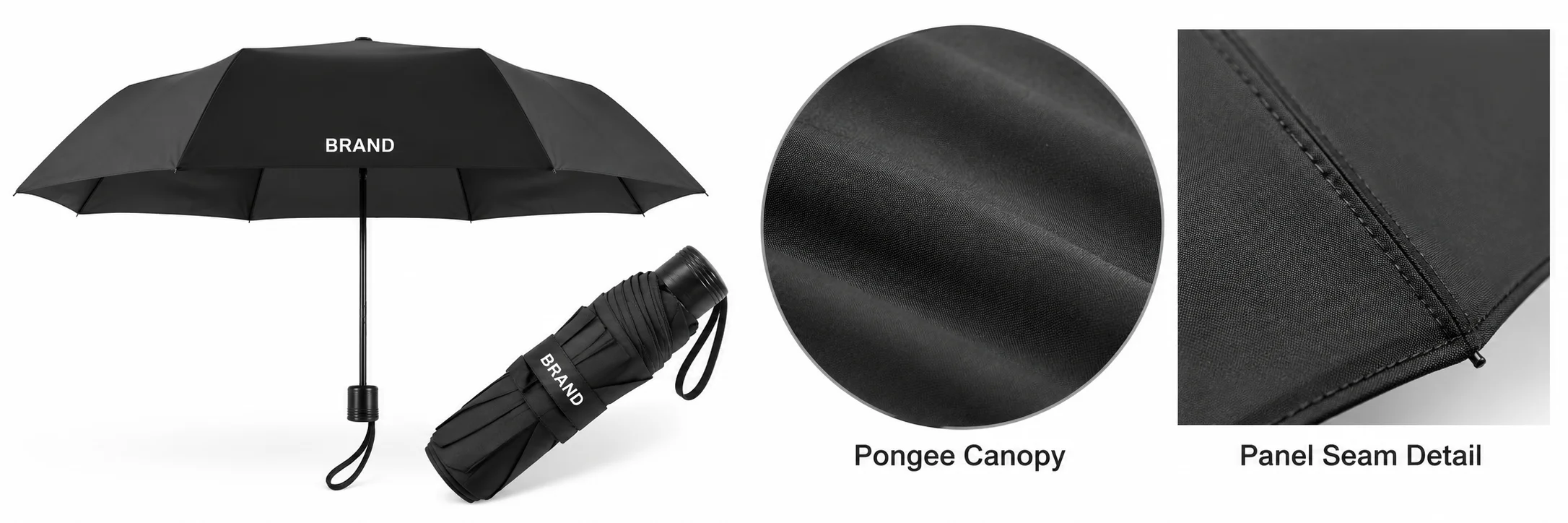 Umbrella canopy beside enlarged views of pongee fabric and panel stitching