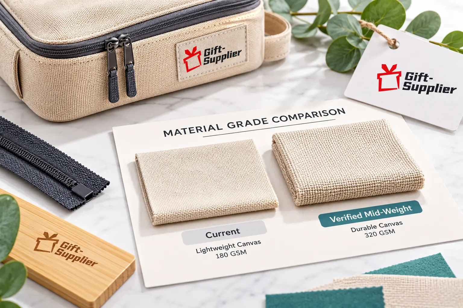 Close-up comparison of two canvas material swatches with branded product details