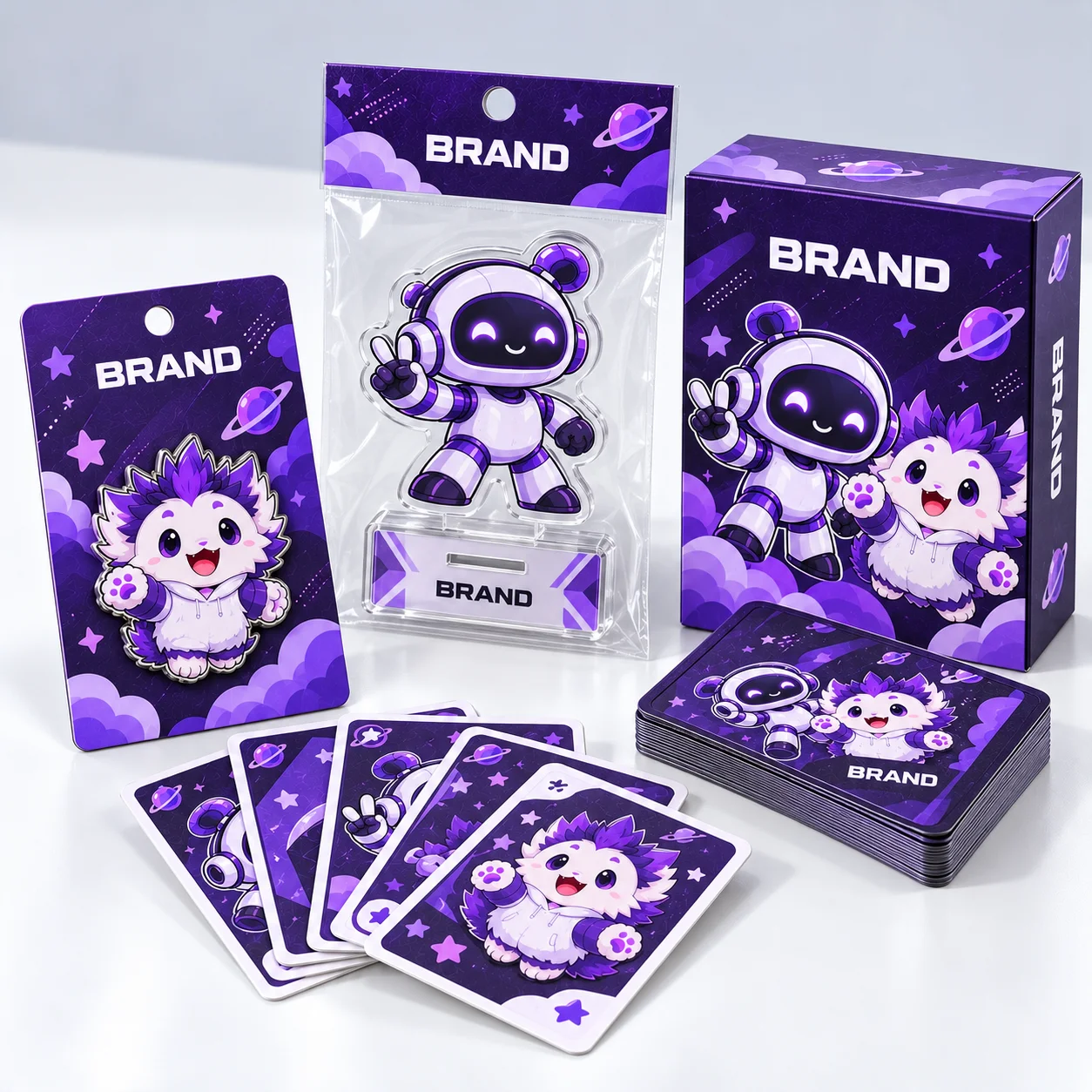 Enamel pin on a backing card, acrylic standee in a protective sleeve and card game carton.