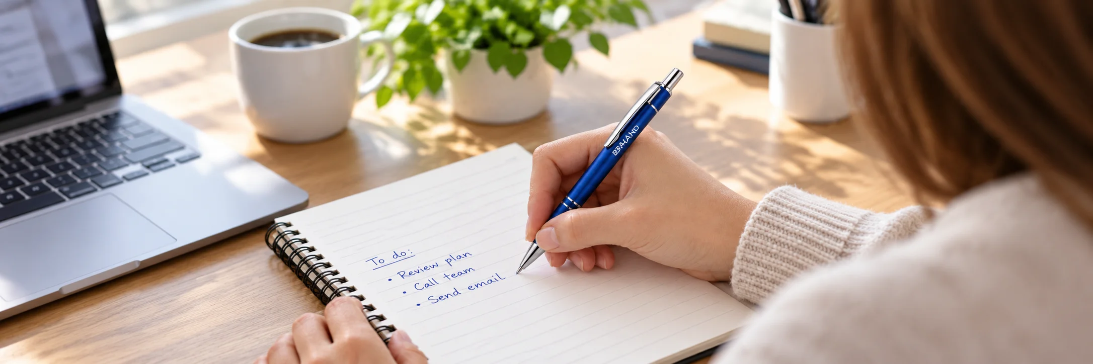 Person writing notes at a desk with a blue metal ballpoint pen