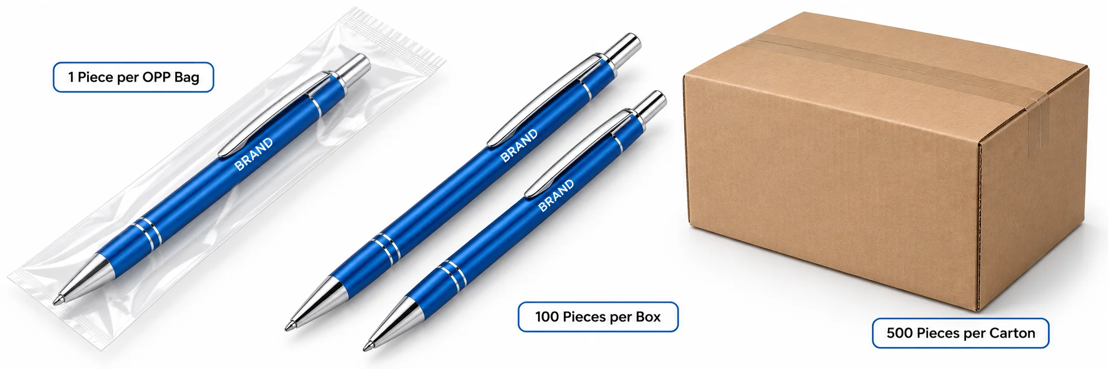 Blue metal pens showing OPP bag packing, 100 pieces per box and 500 per carton