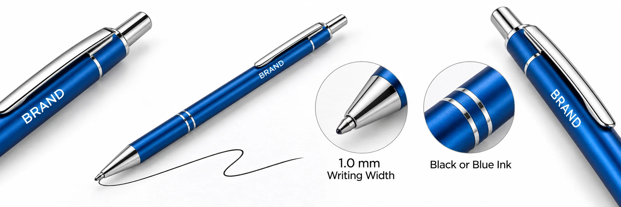 Blue metal pen with labels for 1.0 mm writing width and black or blue ink