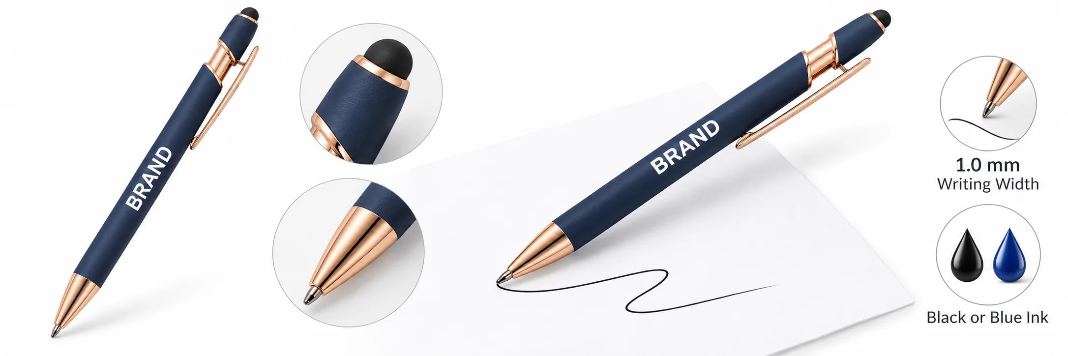 Navy metal ballpoint pen with labels for 1.0 mm writing width and black or blue ink
