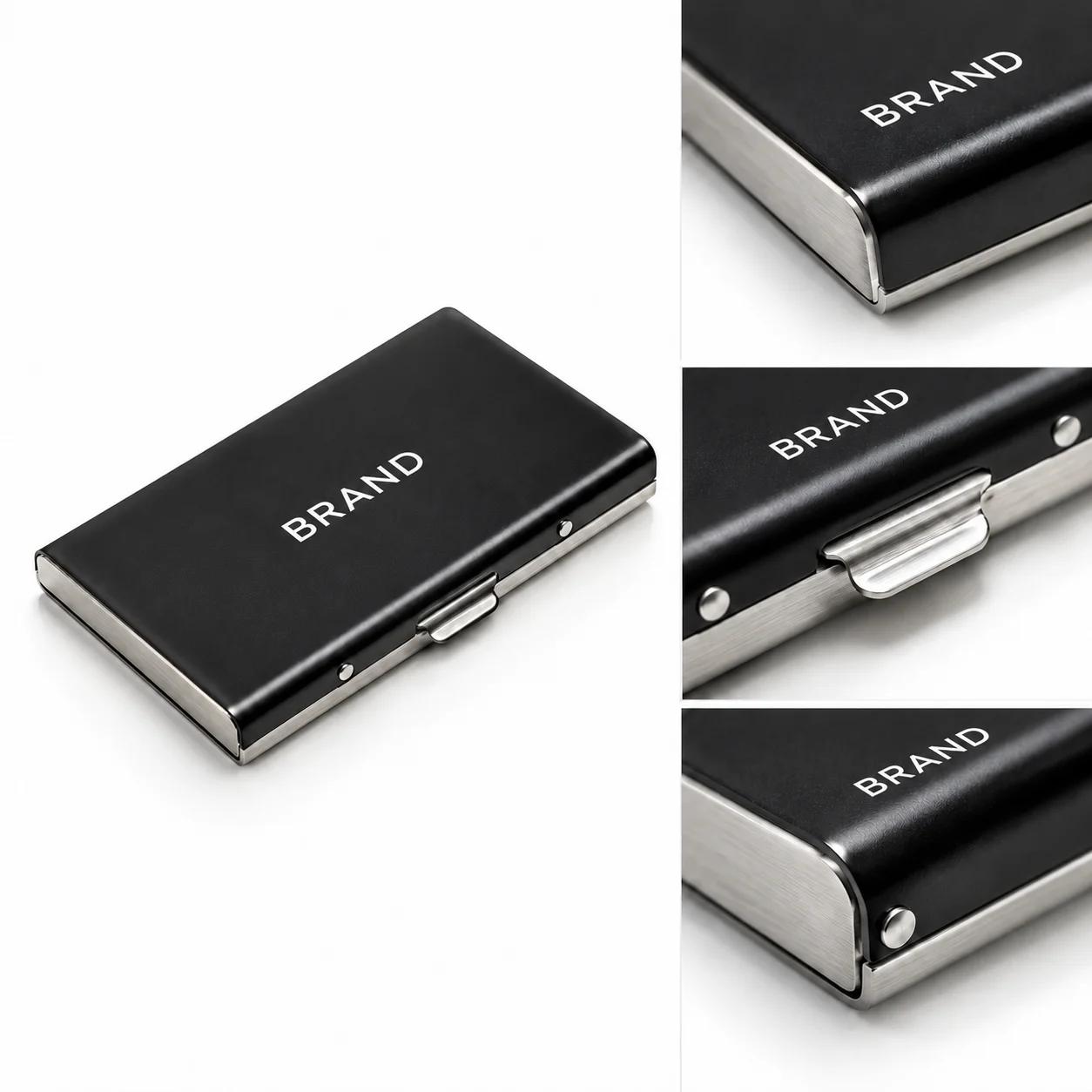 Close-up views of the silver-tone edges and hardware on a black metal card holder