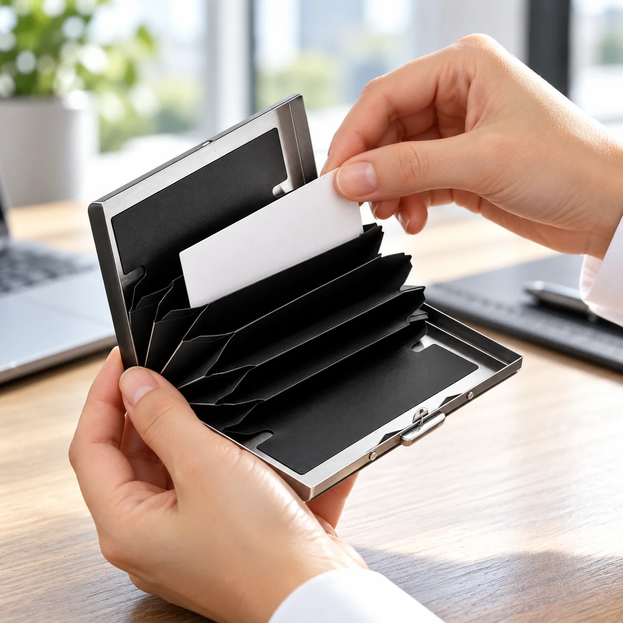 Person placing business cards into a black metal card holder