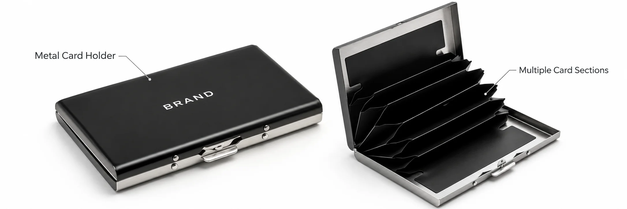 Closed and open views of a black metal business card holder