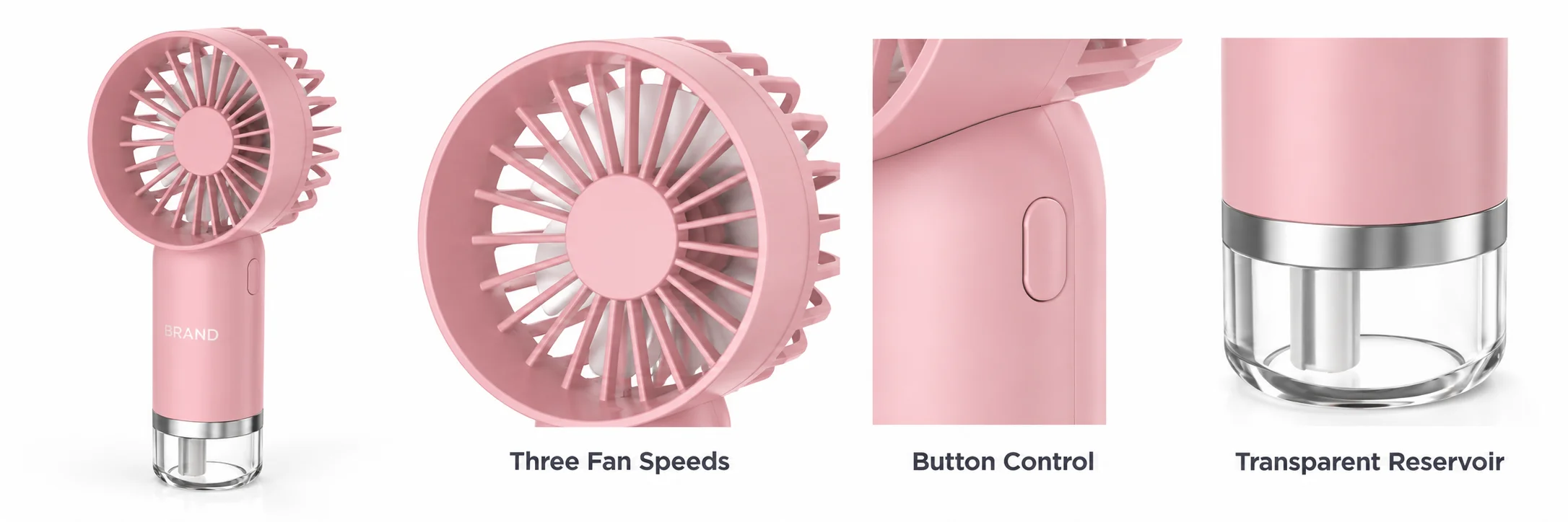 Pink fan with close-ups of its button, grille and reservoir beside feature labels