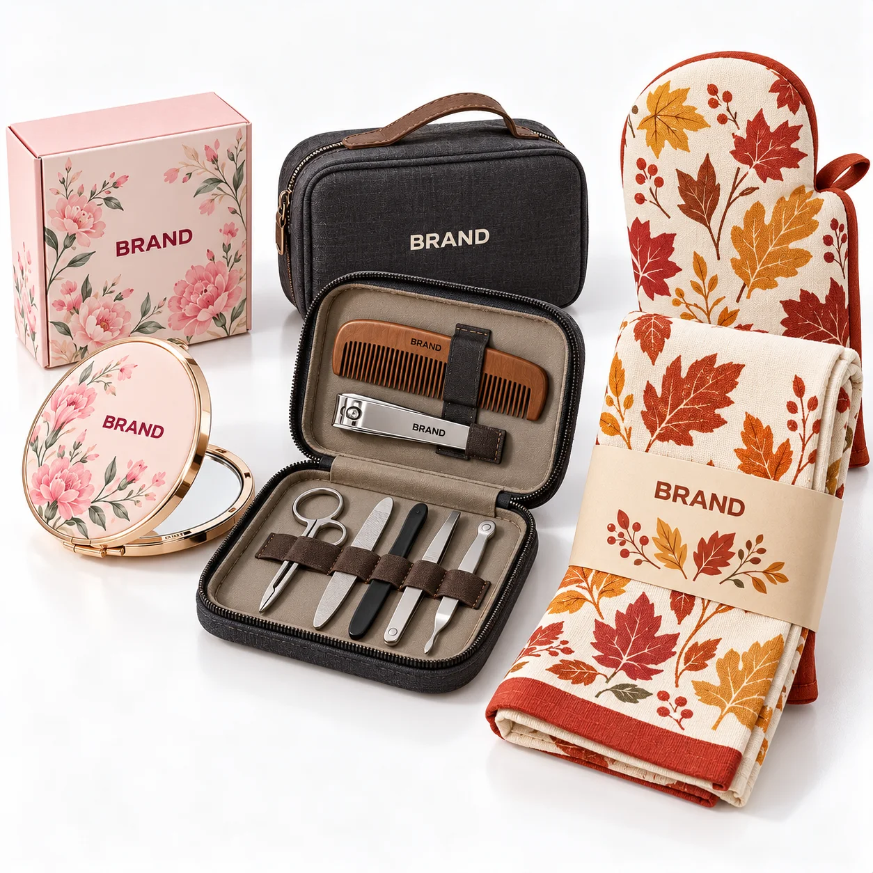 Compact mirror, travel grooming case and Thanksgiving tea towel with oven mitt.