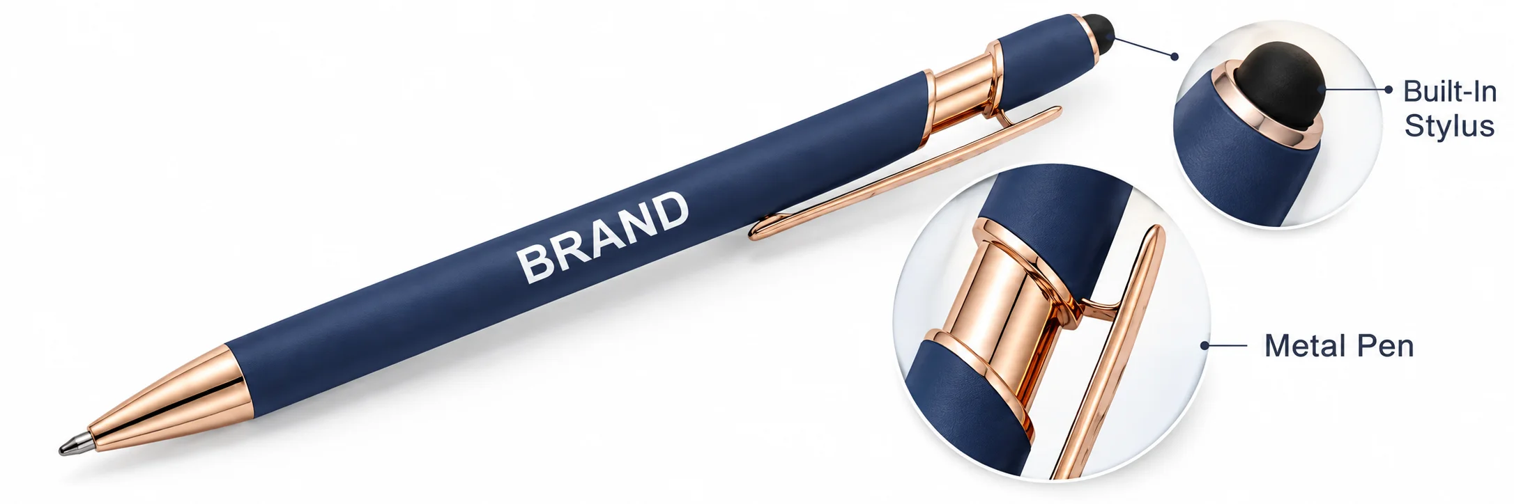 Navy metal stylus pen with close-ups of its barrel and rose-gold-tone fittings