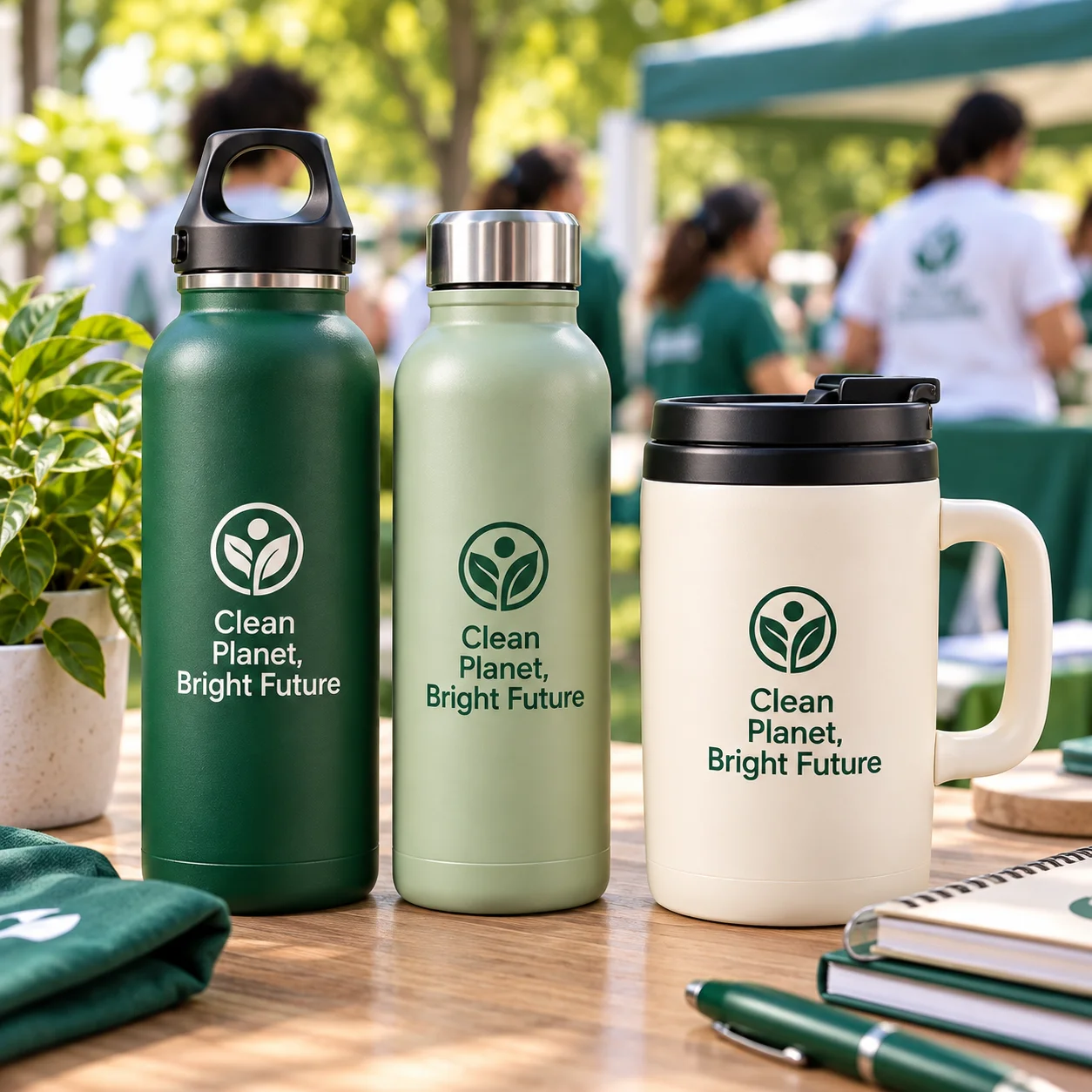 Green and sage water bottles beside a cream travel mug with campaign branding