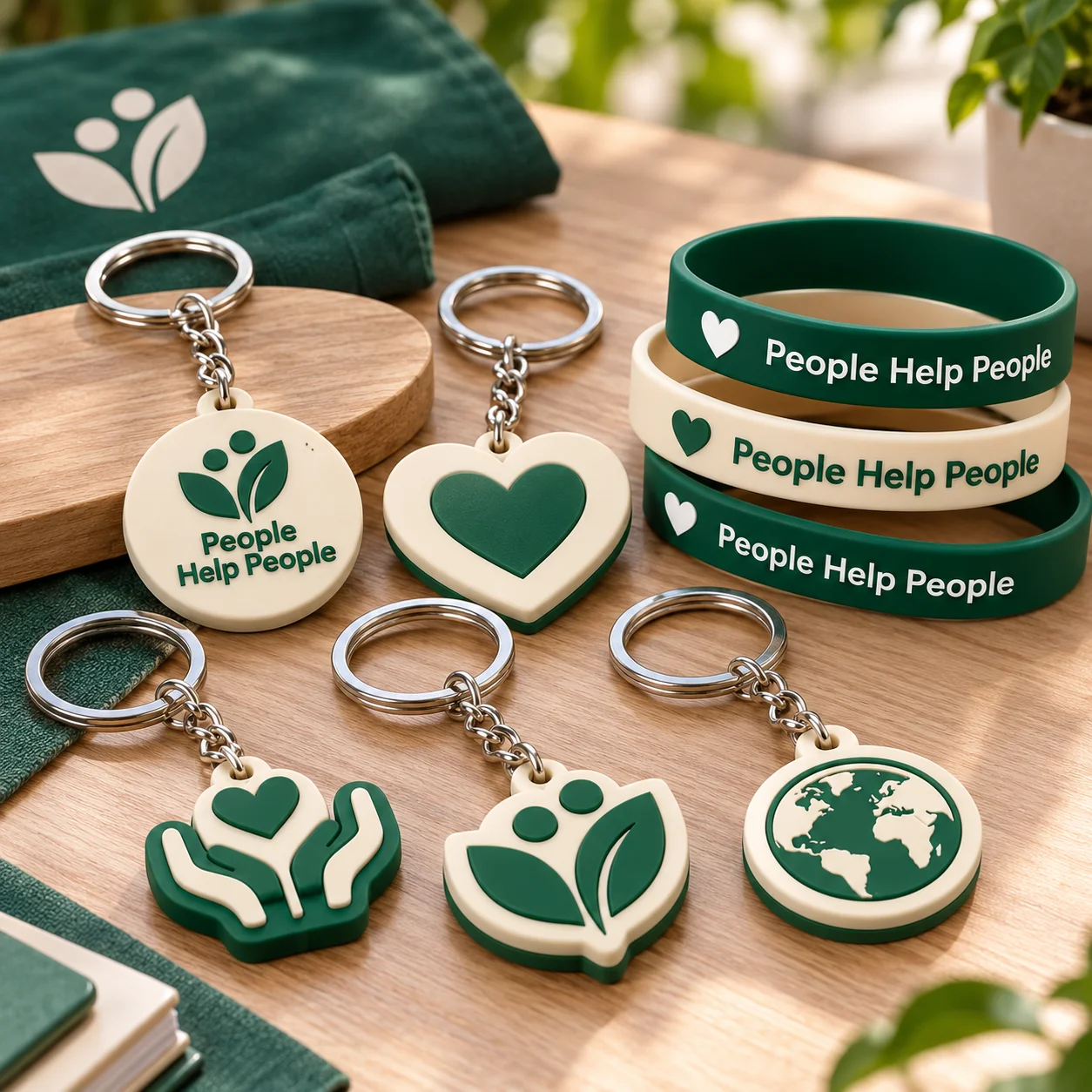 Green and cream campaign keyrings and wristbands with People Help People wording