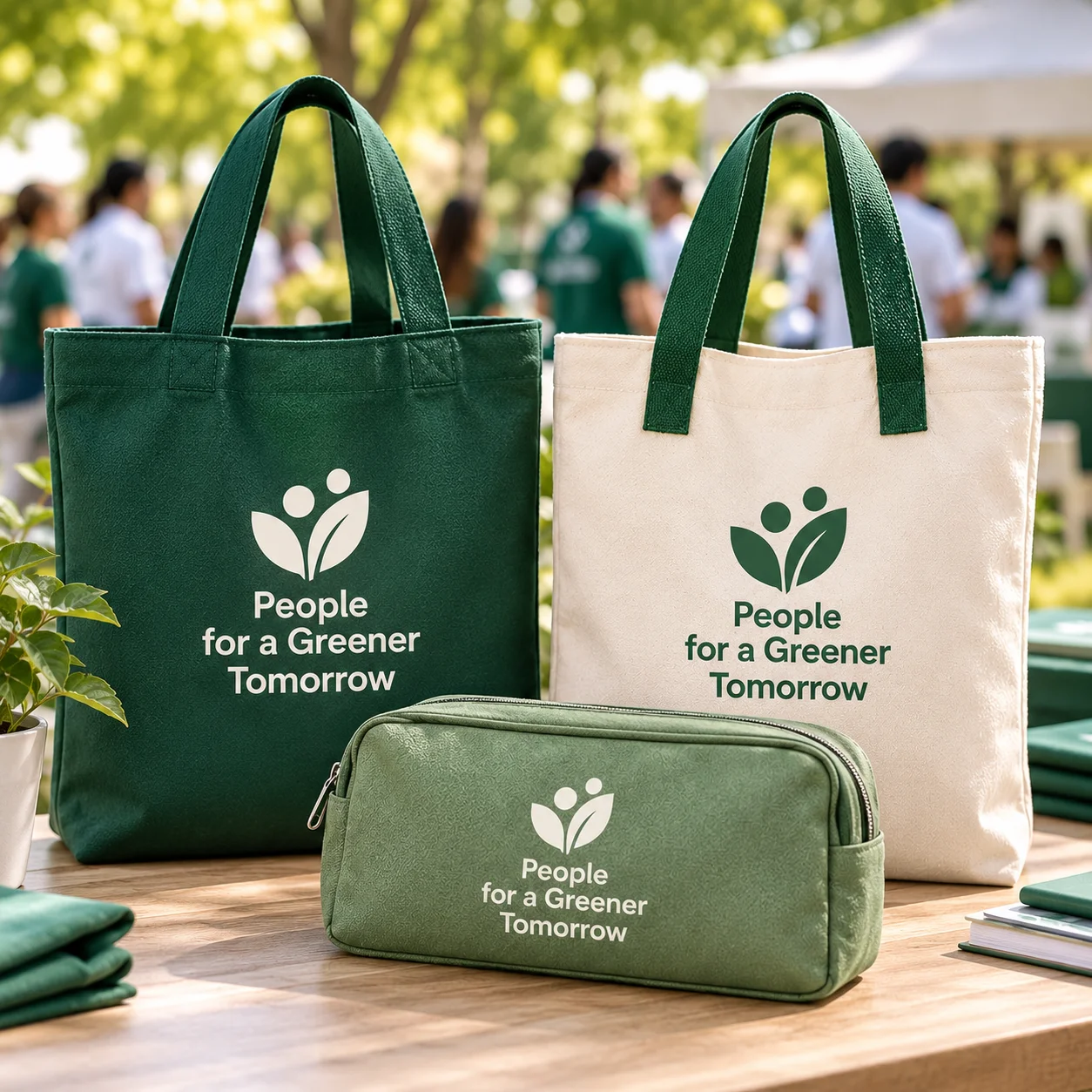 Forest-green and cream campaign tote bags with a sage organizer pouch