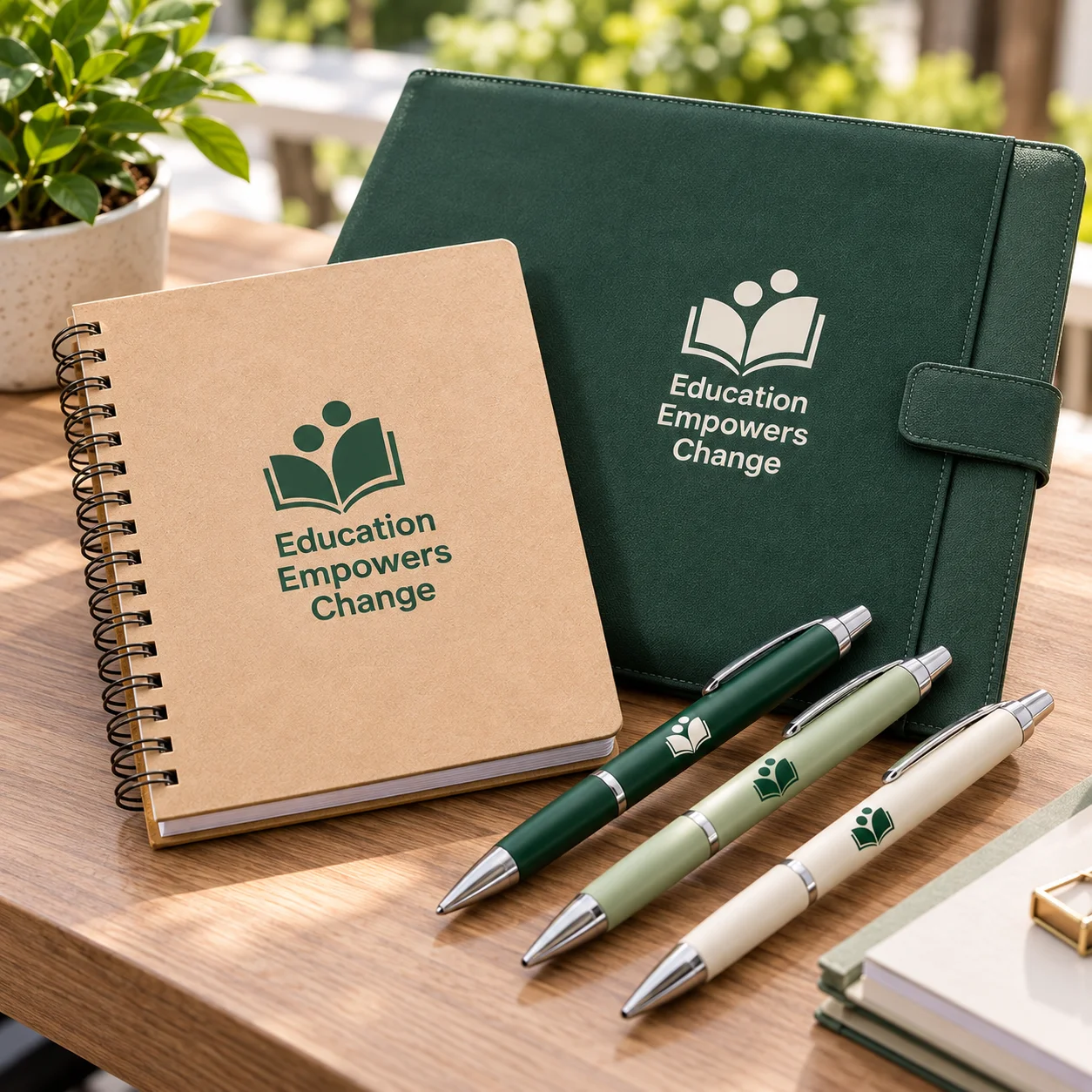 Kraft notebook, green document folder and pens with Education Empowers Change branding