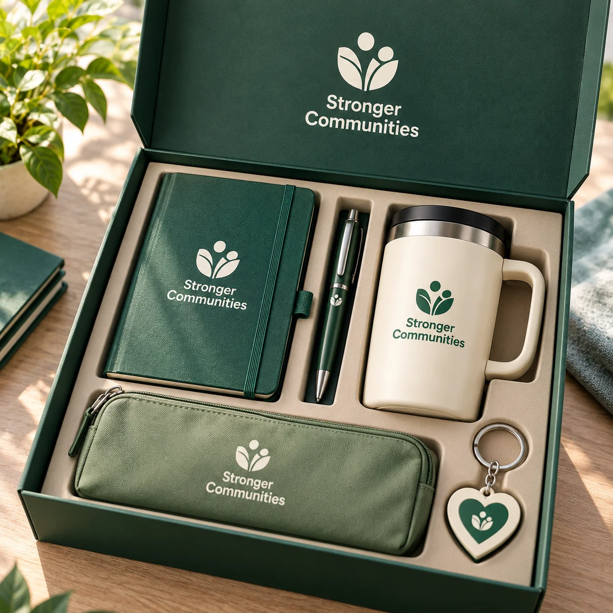 Open green appreciation gift box containing branded stationery, travel mug, pouch and keyring