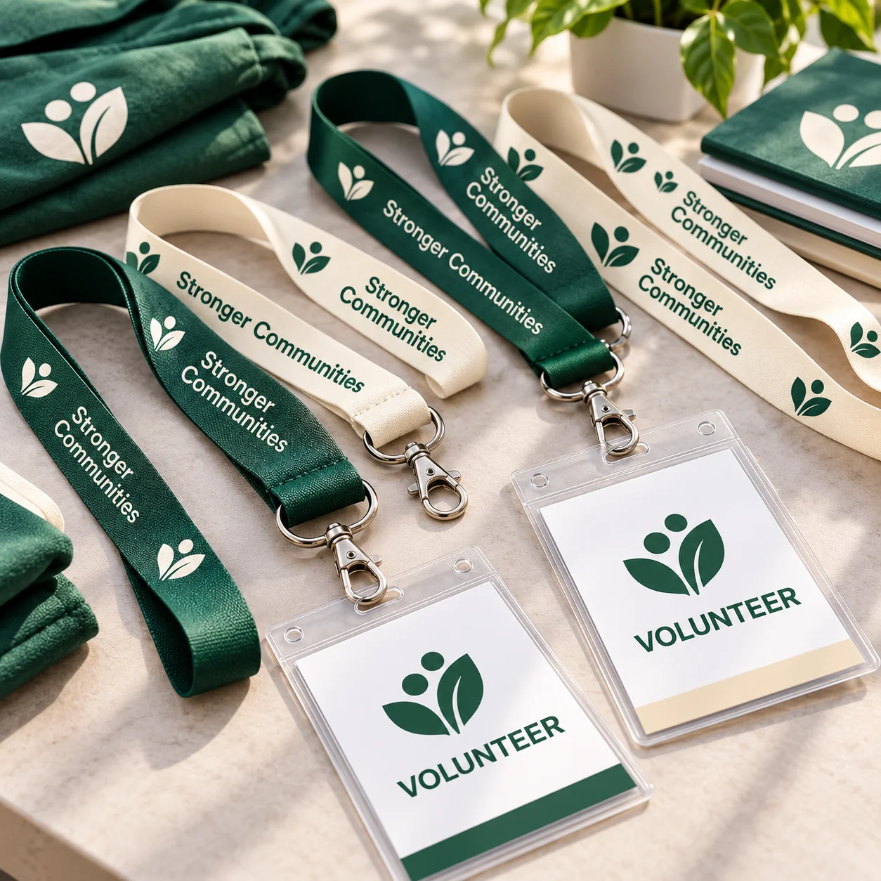 Green and cream volunteer lanyards with clear badge holders and community branding