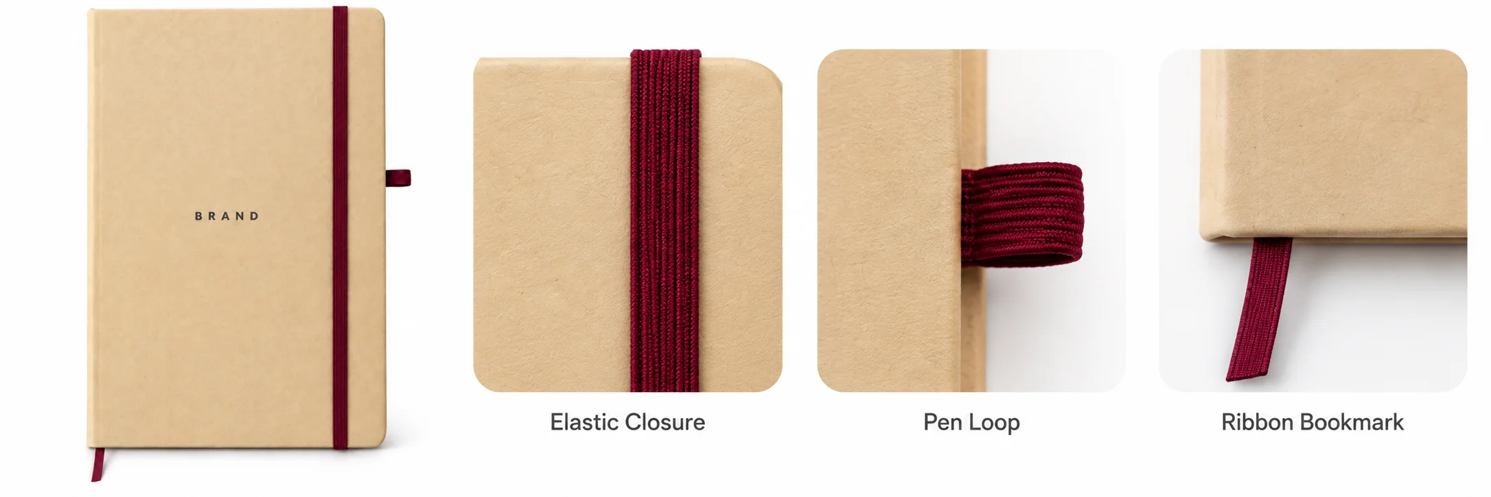 Notebook feature banner showing burgundy elastic closure, pen loop and ribbon bookmark