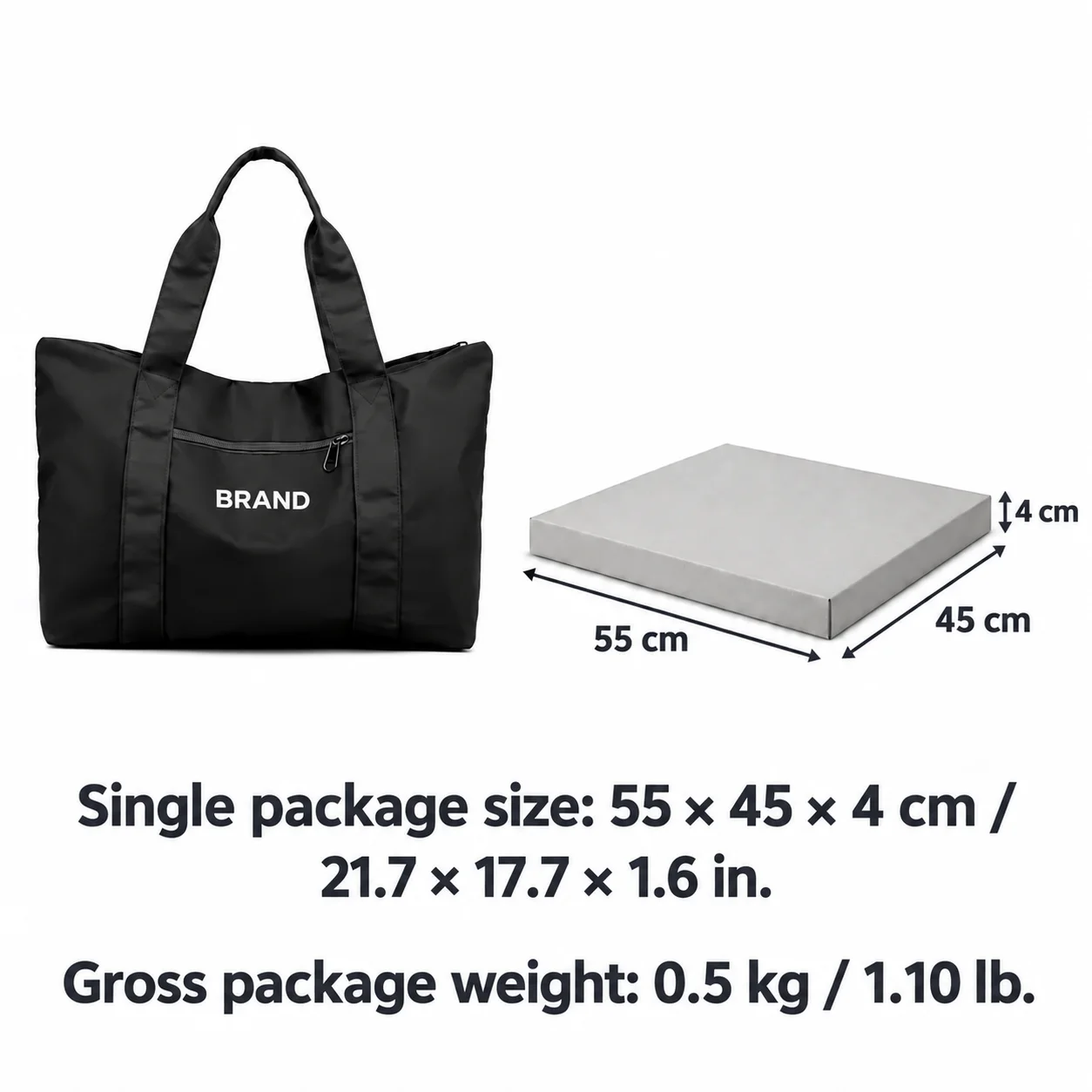 Black nylon duffel beside a package diagram labeled 55 by 45 by 4 centimeters and 0.5 kilogram gross weight.