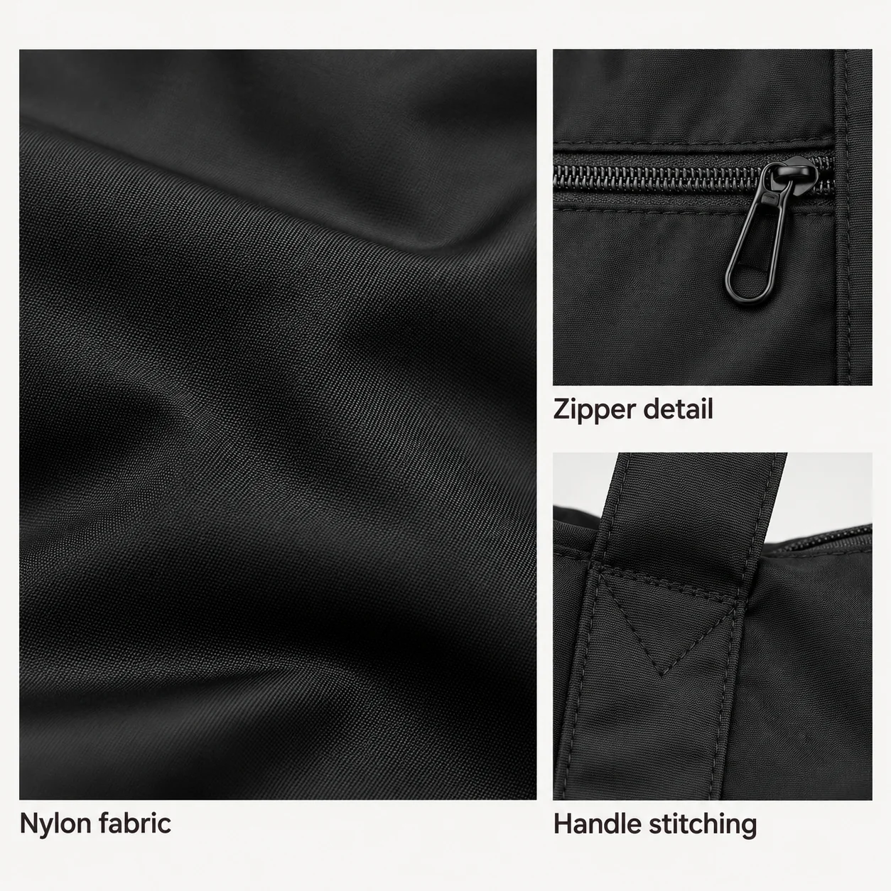 Close-ups of black nylon fabric, zipper hardware and stitching at the duffel handle attachment.
