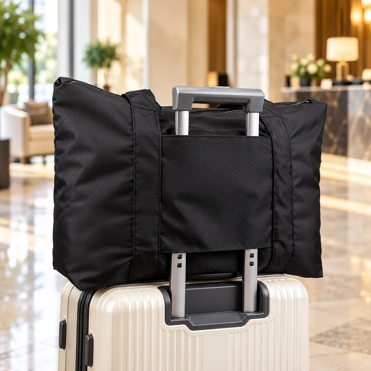 Black nylon duffel positioned over an extended suitcase handle using its rear luggage sleeve.