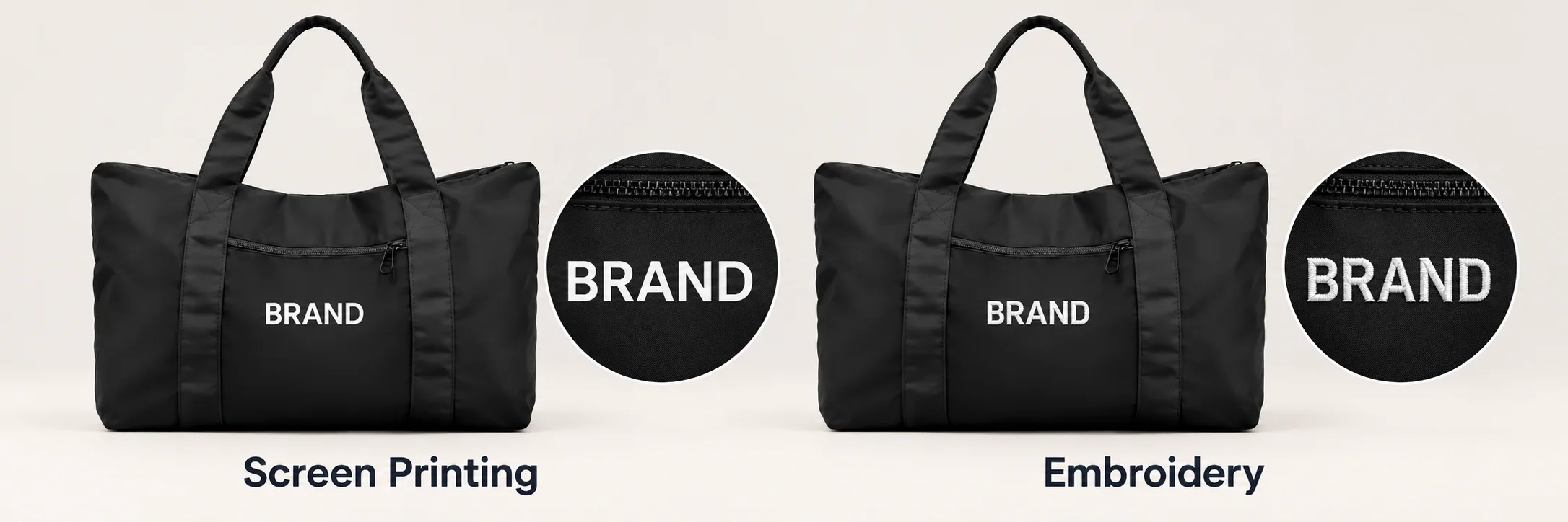 nylon duffel with sample white lettering beside an artwork sheet and placement illustration.