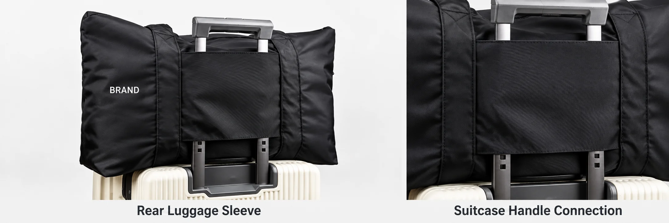 Black nylon duffel fitted over a suitcase handle, with a close-up of the rear luggage sleeve connection.