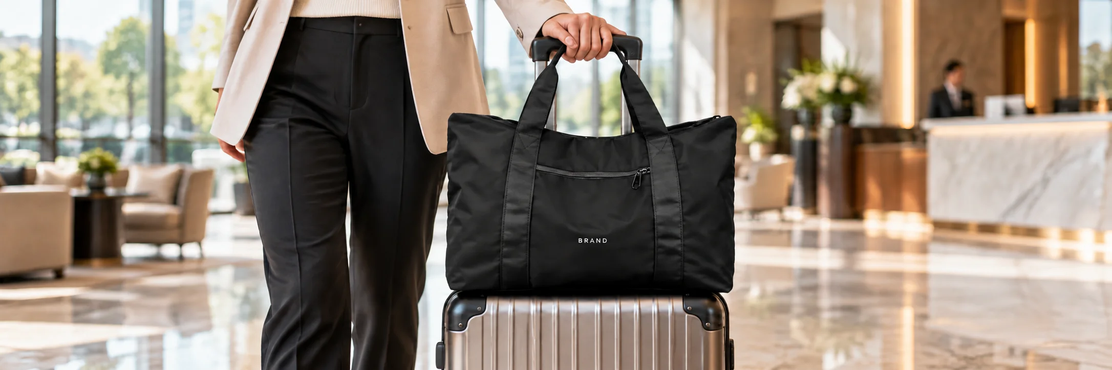 Traveler holding a suitcase handle with a black nylon duffel resting above the suitcase through its luggage sleeve.