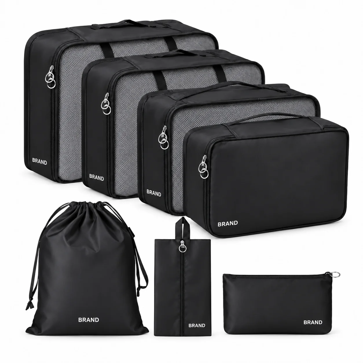 Black seven-piece packing set with four rectangular organizers, a drawstring bag, a slim handled bag and a small zipper pouch.