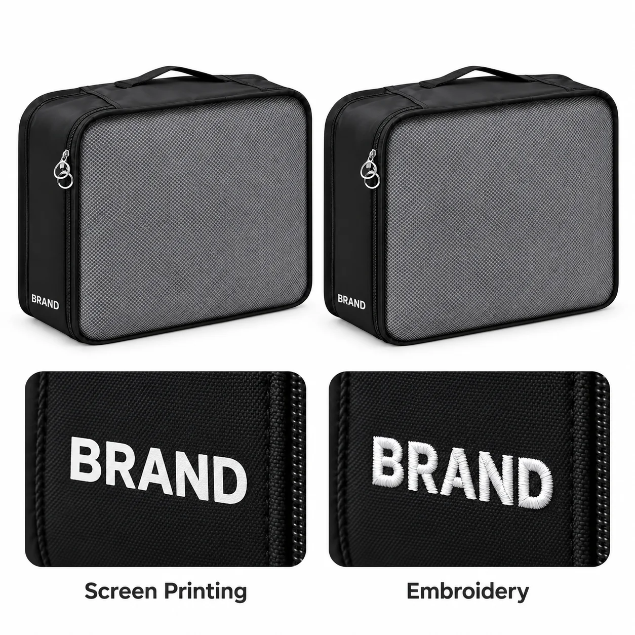 Two black packing organizer views comparing white printed and embroidered lettering on solid fabric panels.