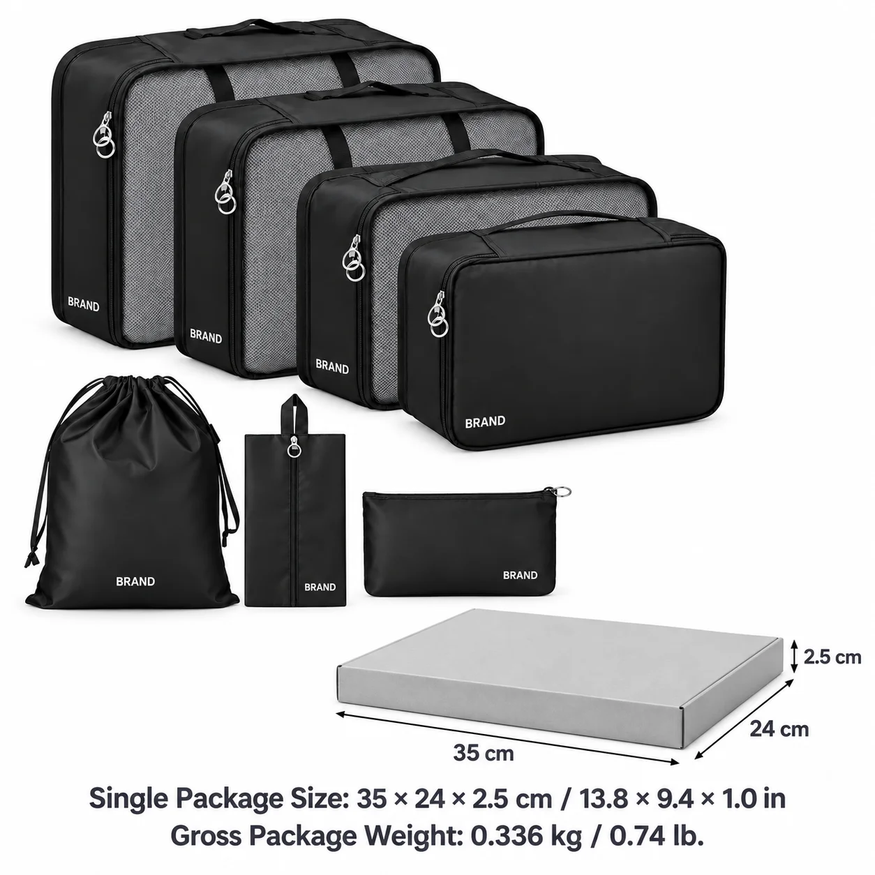 Black packing organizer set beside a package diagram measuring 35 by 24 by 2.5 centimeters with gross weight of 0.336 kilogram.