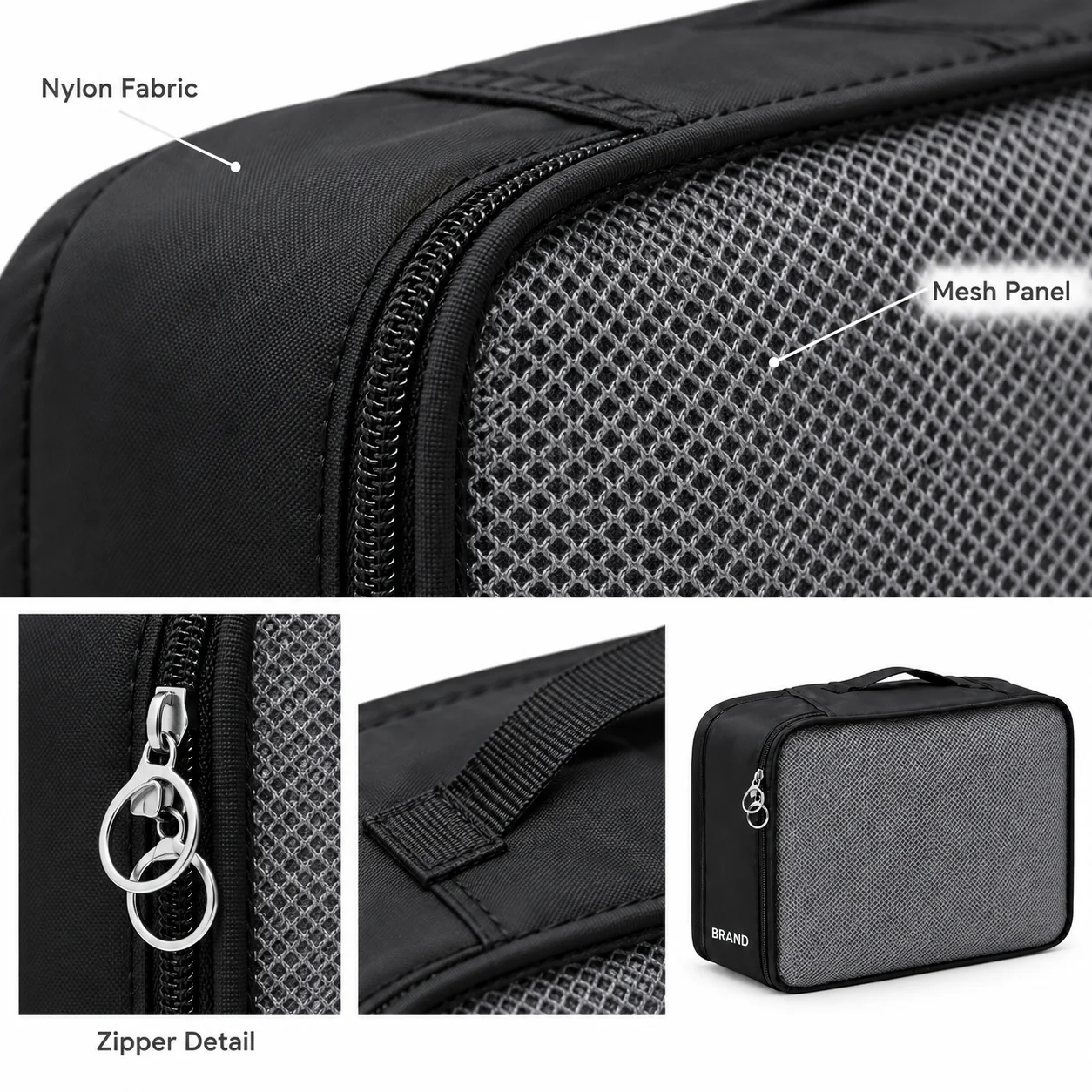 Close-ups of black nylon fabric, mesh panel and zipper beside a packing organizer with white lettering.