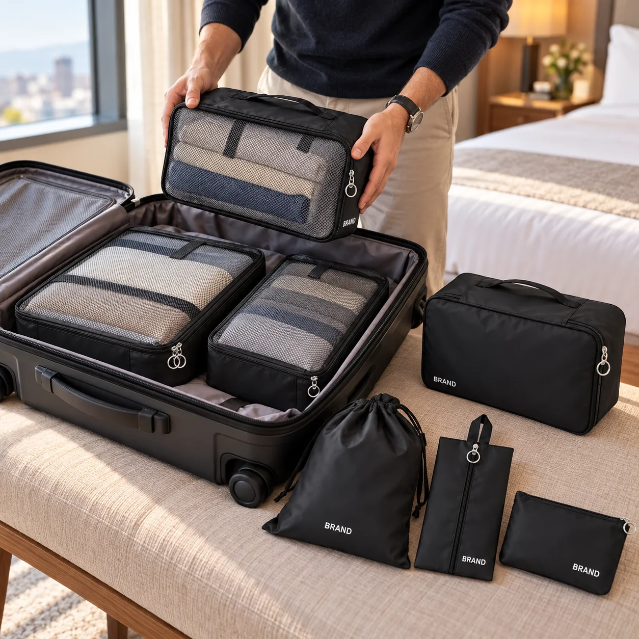 Traveler placing a black packing organizer into a suitcase with matching travel pouches arranged nearby.