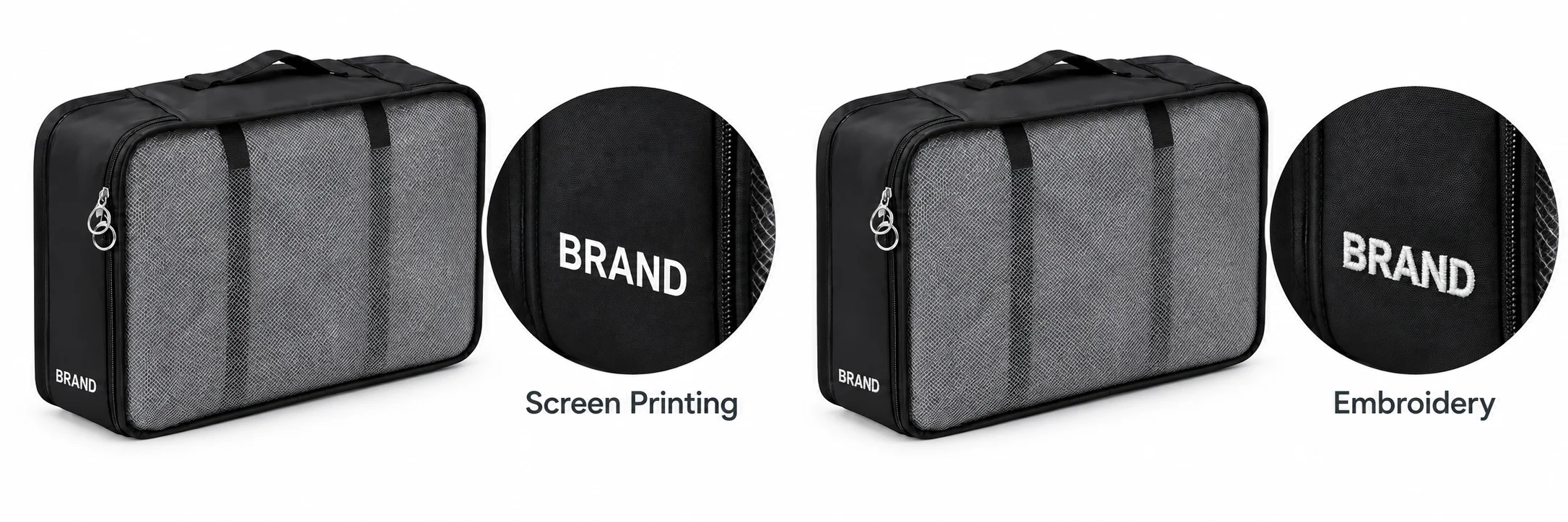 Black packing organizer views showing white printed and embroidered lettering on solid fabric areas.