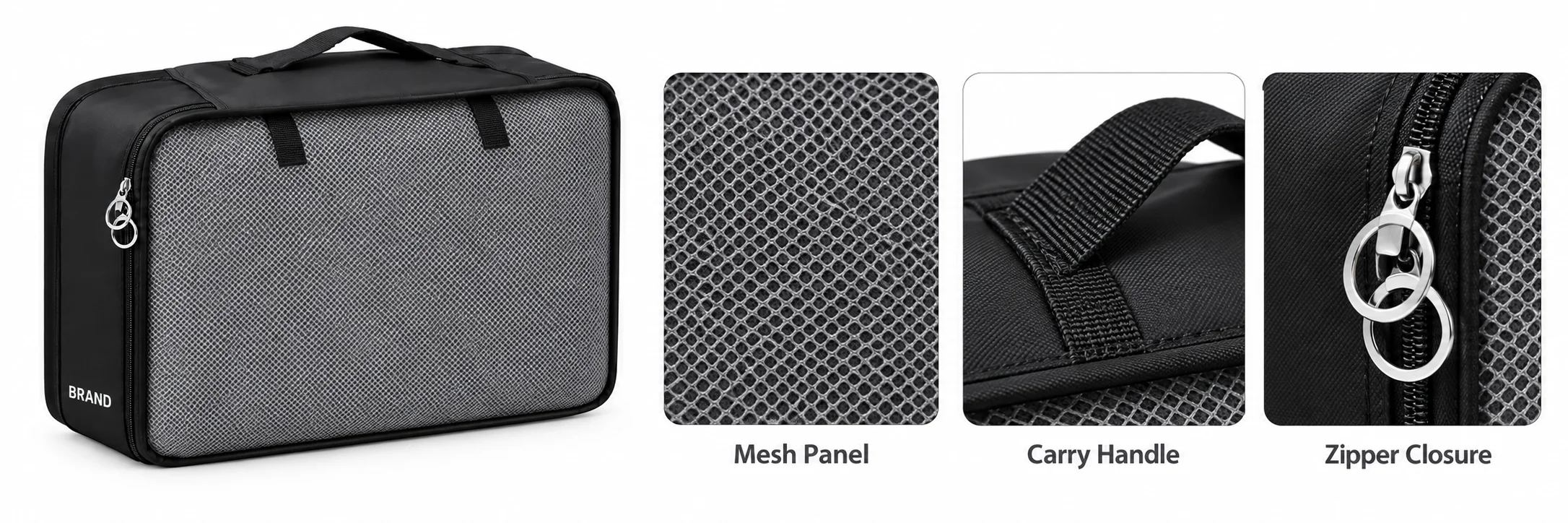 Black packing organizer beside close-ups of its mesh panel, carry handle and zipper.