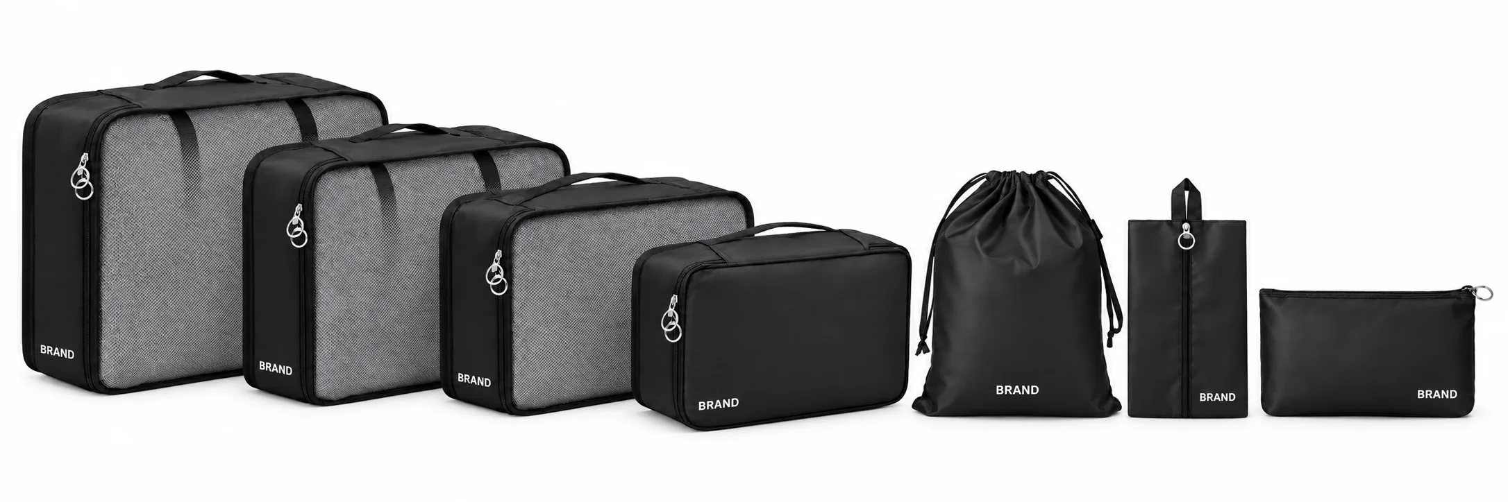 Complete black packing set arranged across a white background with four rectangular organizers and three additional pouches.
