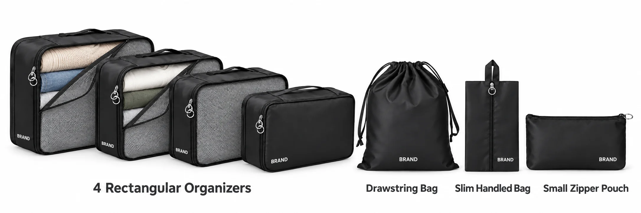 Four black rectangular packing organizers beside a drawstring bag, slim handled bag and small zipper pouch.