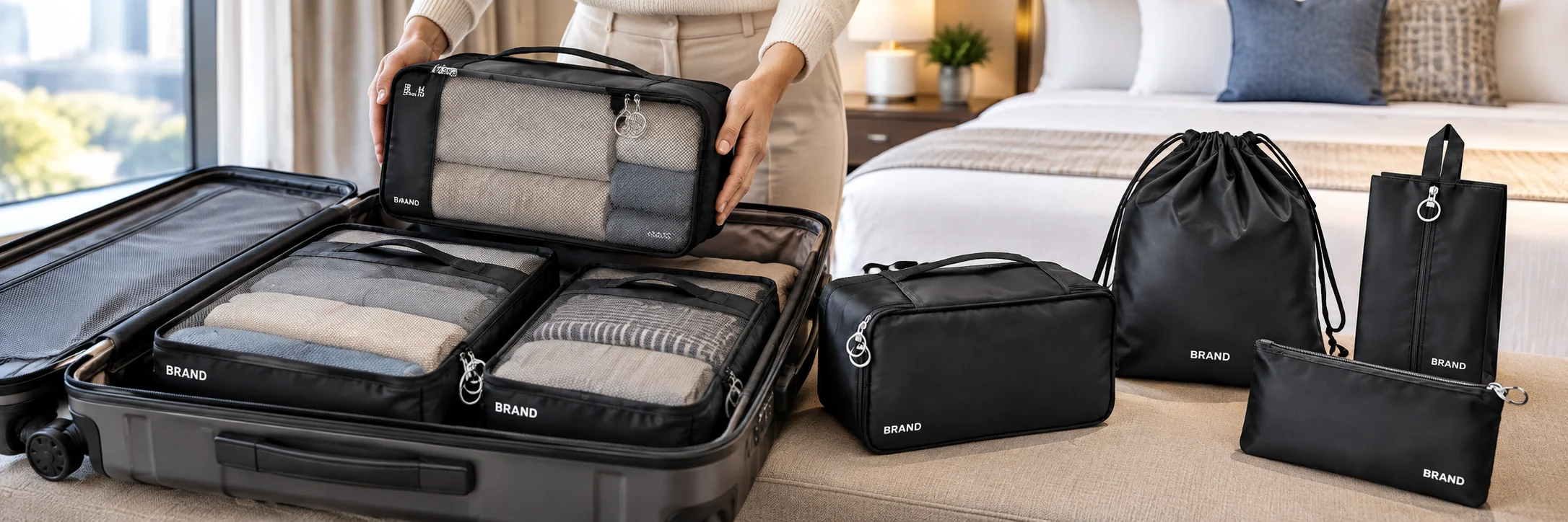 Traveler arranging black packing organizers inside a suitcase with matching pouches nearby on a hotel bench.