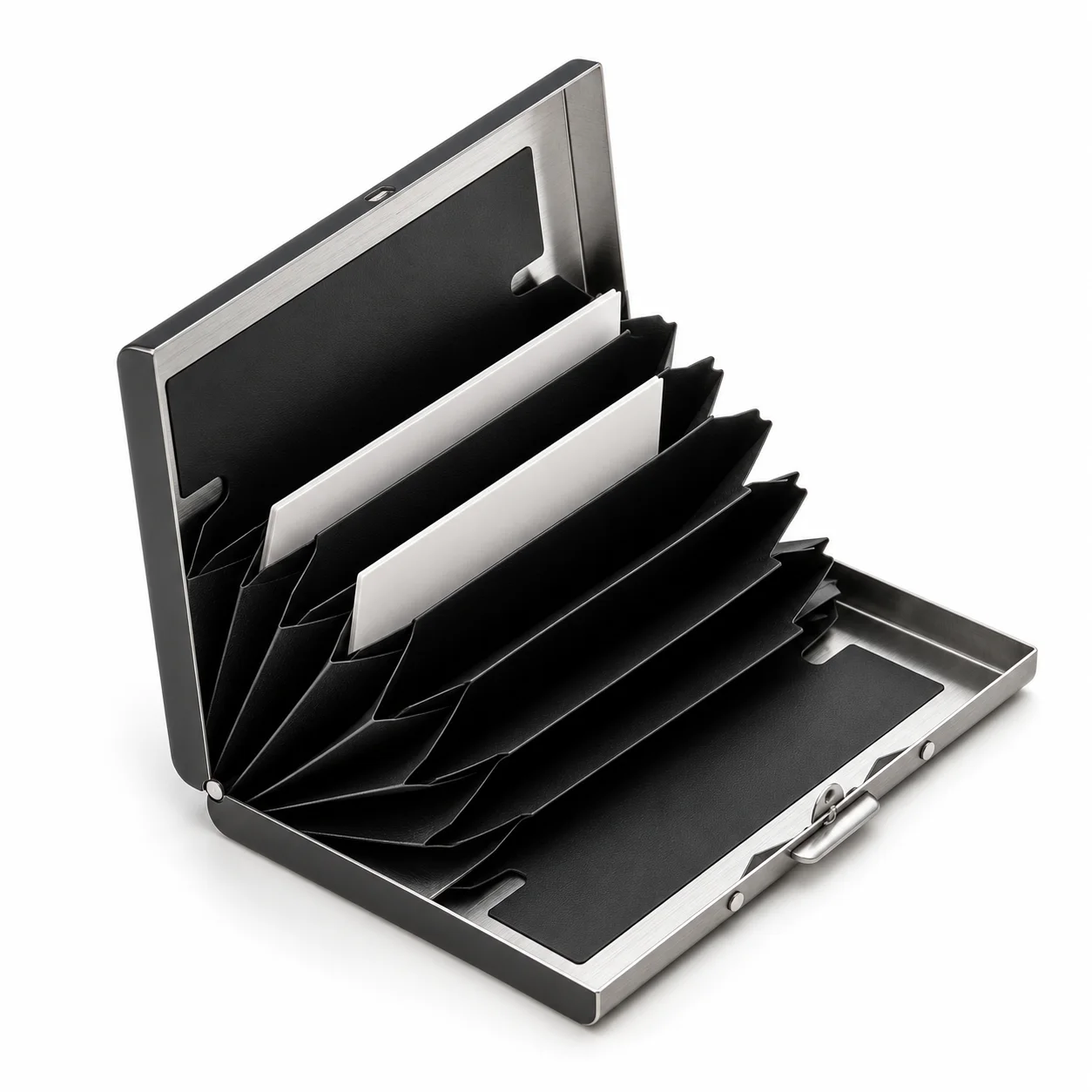 Open black metal card holder displaying multiple internal card sections