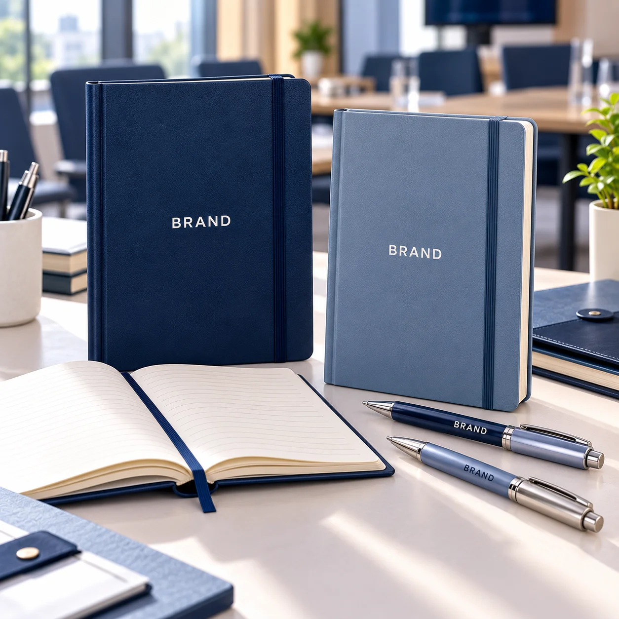 Navy and slate-blue branded notebooks with silver metal pens